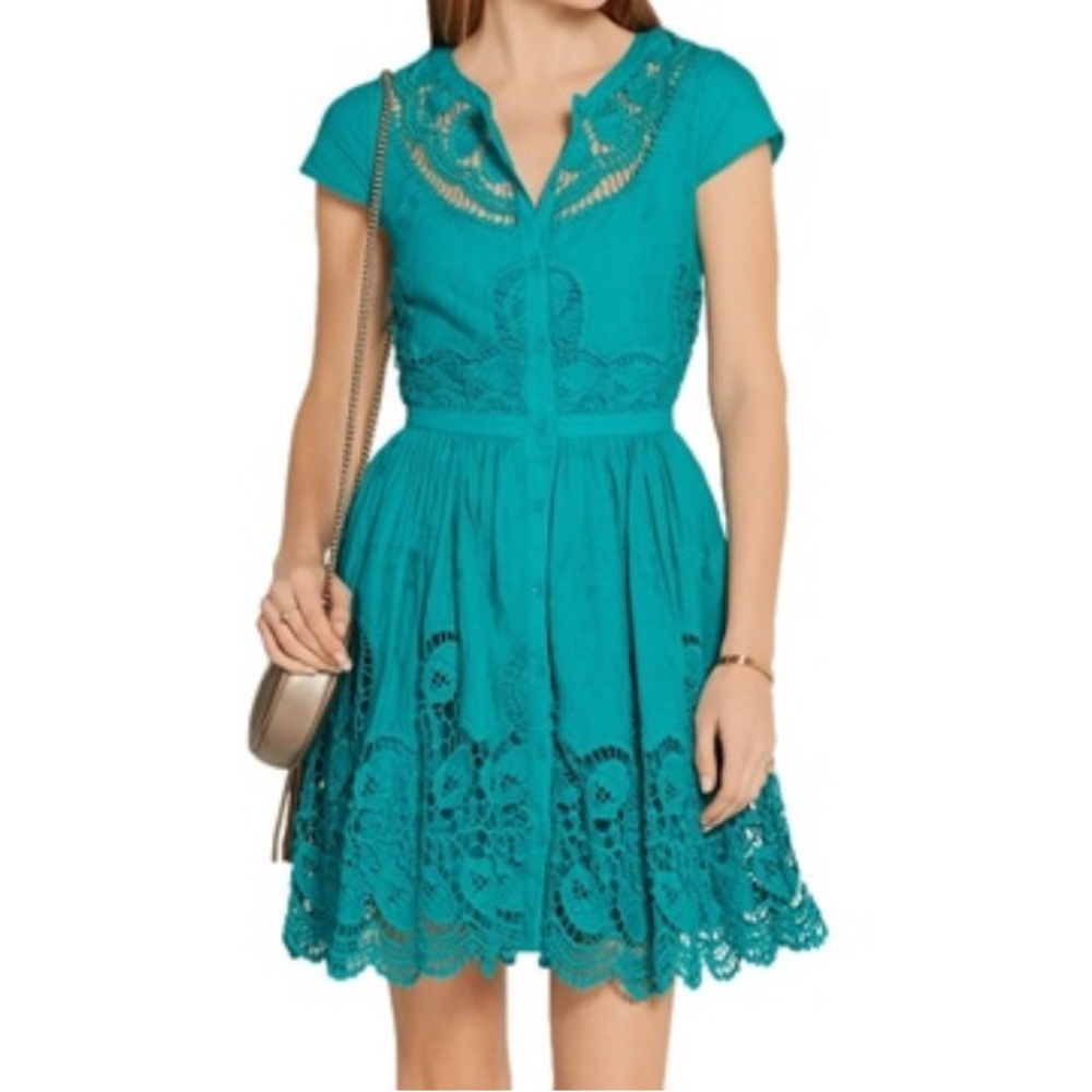 Alice + Olivia womans eyelet Teal Lace mini Dress size S